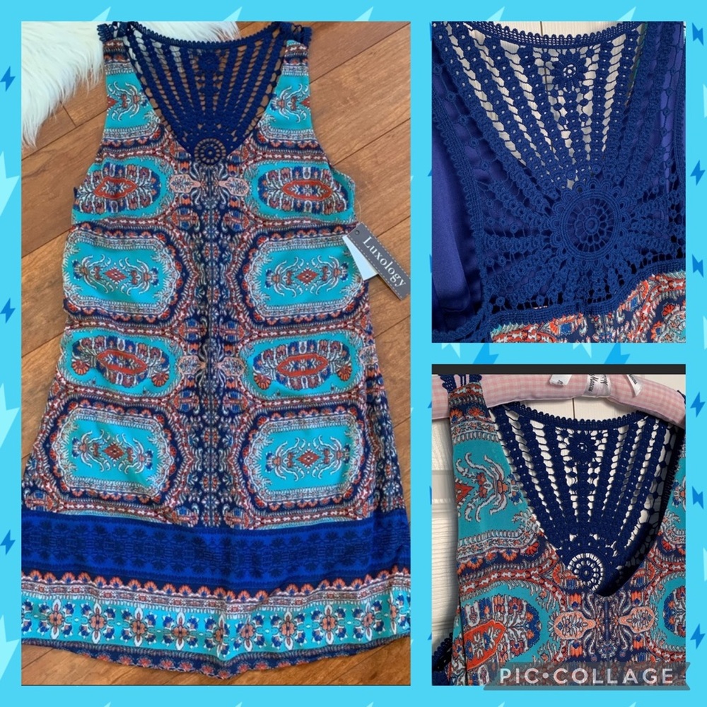 NWT Luxology Navy/Jade Print Sleeveless Crocheted Back V-Neck Trapeze Dress